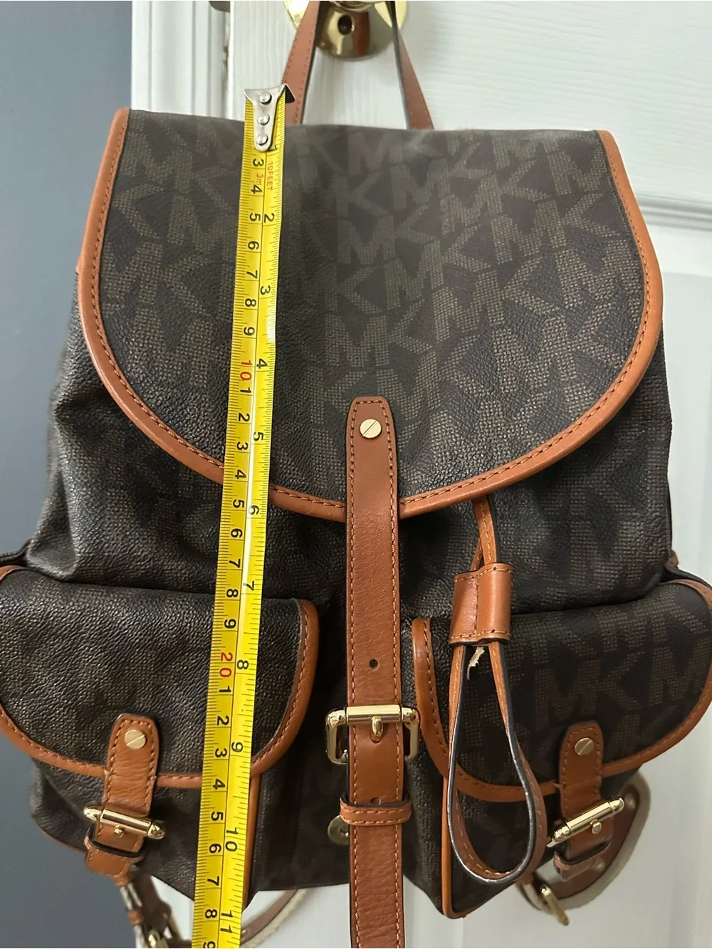 Michael Kors Dark Brown Monogram Backpack with Tan Trim
